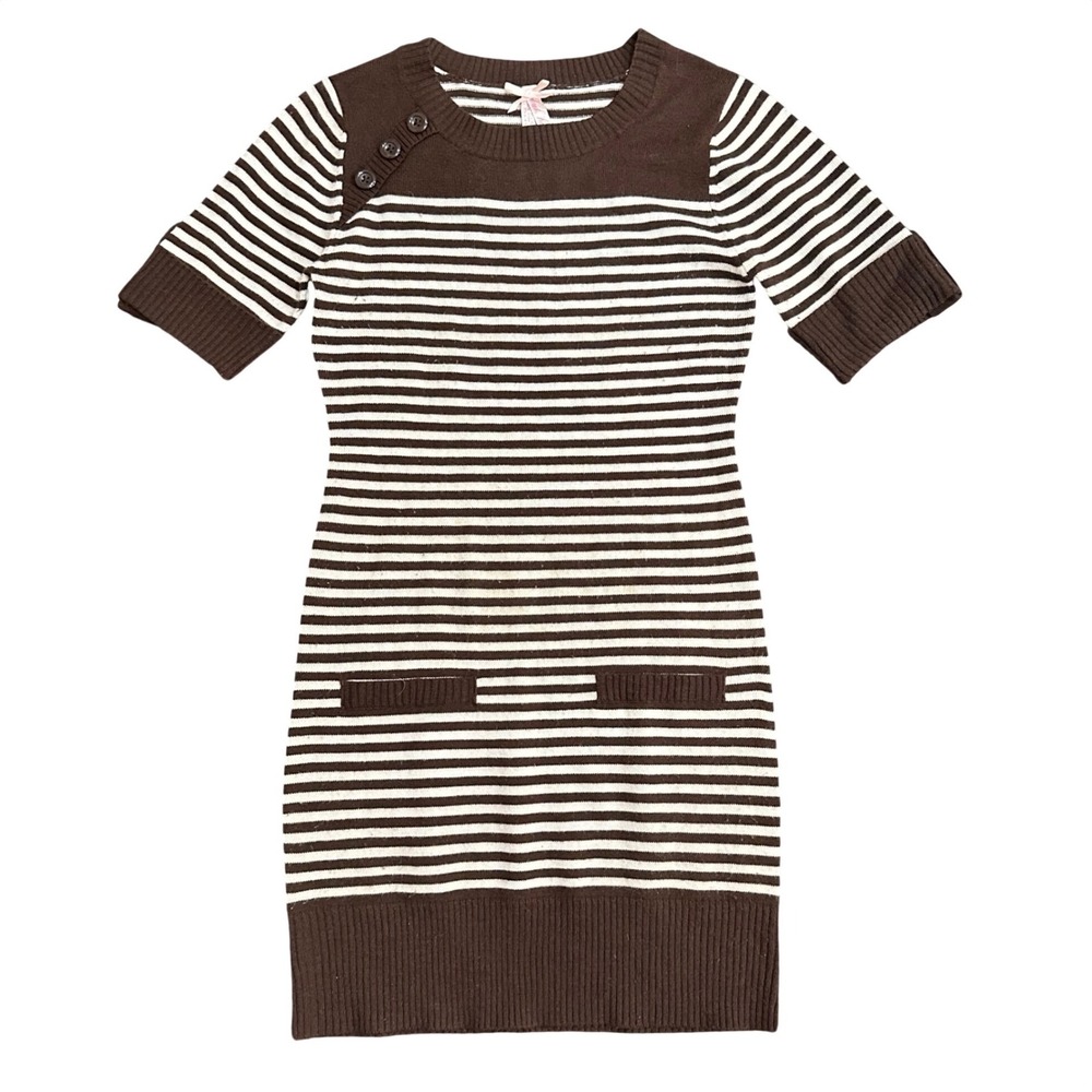 Derek Heart Brown Cream Striped Short Sleeve Knit Sweater Dress Mini Size M